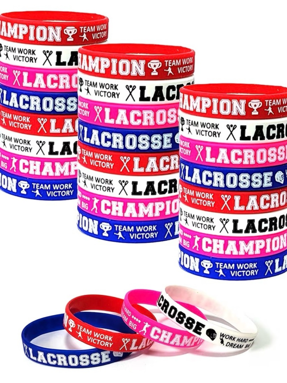 Lacrosse Champion Silicone Wristbands Red, Blue, Pink, White 5 of each. 20 total